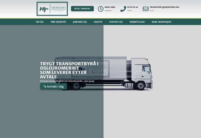 Website homepage for a transport company featuring a white truck graphic, company logo, contact information, and a call-to-action button on a teal and gray background.