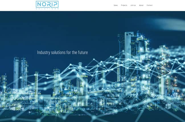 A modern industrial plant with digital network lines overlay, featuring the text "Industry solutions for the future" and the NORIP Solutions logo at the top.