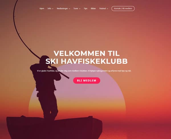 Silhouette of a person fishing from a boat at sunset with text in Norwegian welcoming visitors to the Ski Havfiskeklubb website and a button to become a member.