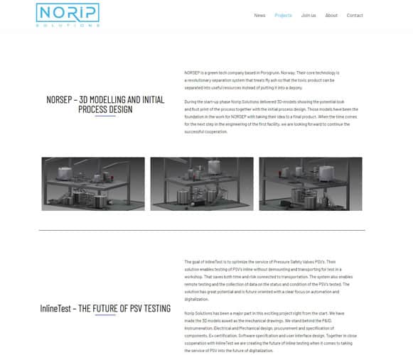 Screenshot of NORSEP’s Projects webpage showing descriptions and images of 3D modeling for process design and InlineTest technology for pressure safety valve testing.