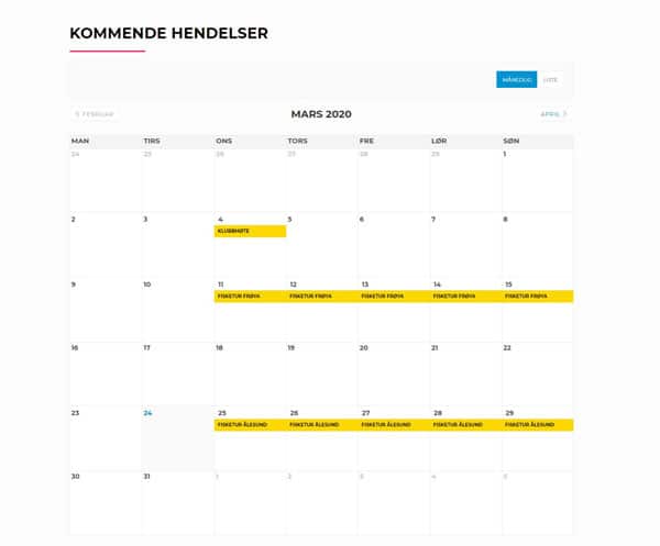A digital calendar shows March 2020 with several events highlighted in yellow under the category "Kommende Hendelser" (Upcoming Events) in Norwegian.