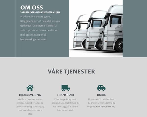 Three silver trucks parked in a row next to company information about transport services in Norwegian, highlighting home delivery, transport, and mobile home options.