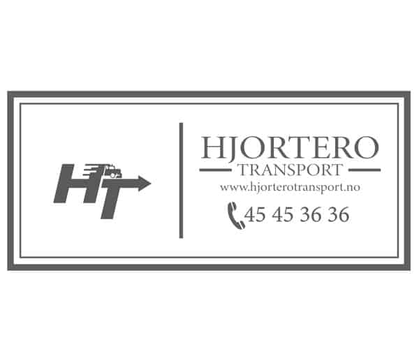 Hjorterotransport logo with a truck and "HT" on the left, company name, website, and phone number on the right.