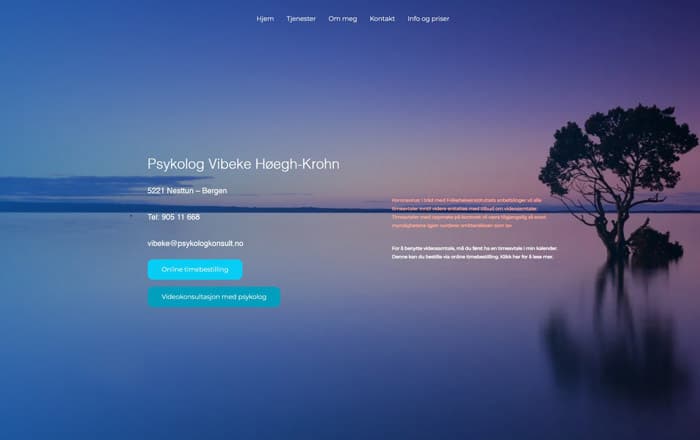 Website for psychologist Vibeke Høegh-Krohn with contact details, appointment buttons, and a calm lake with trees at sunset in the background.