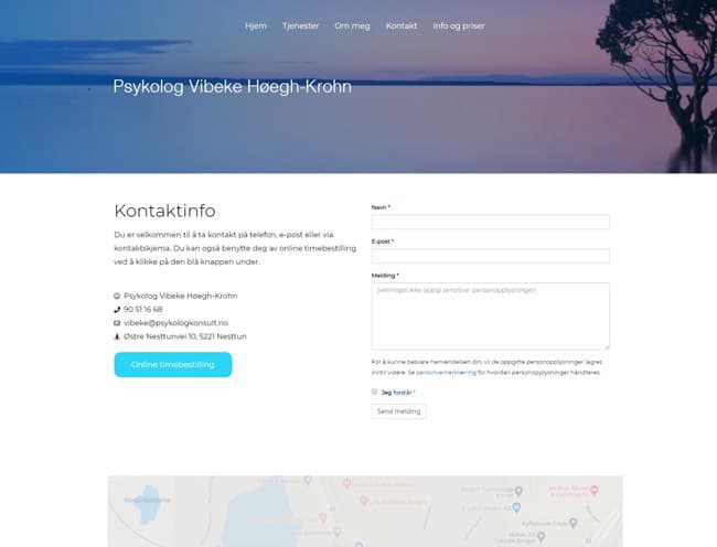 Contact form for psychologist Vibeke Høegh-Krohn with fields for name, email, and message; contact details and an embedded map are visible below the form.